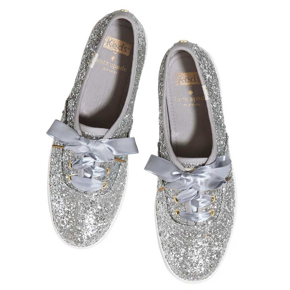 Keds X Kate Spade New York Champion Silver Glitter Sneakers with Ribbon Laces